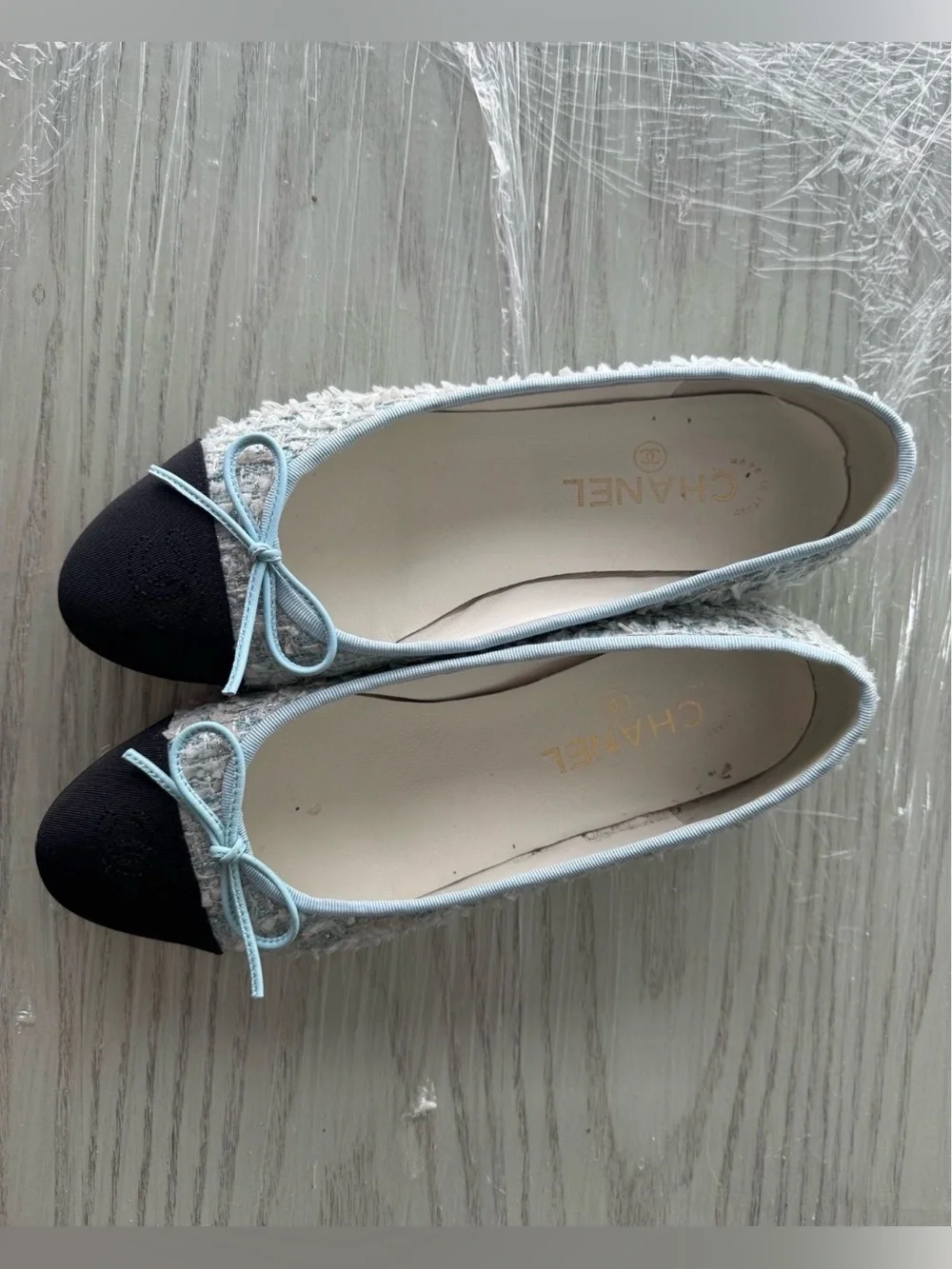 Chanel tweed ballet flats blue and white woven material with black cap toe